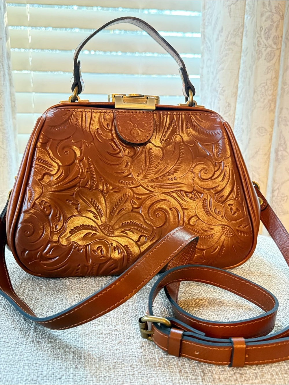 Patricia Nash Tooled Leather Frame Satchel Crossbody Bag - Cognac Brown